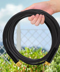 Haeteir 100ft non-expanding garden hose, black with brass fittings, coiled in hand