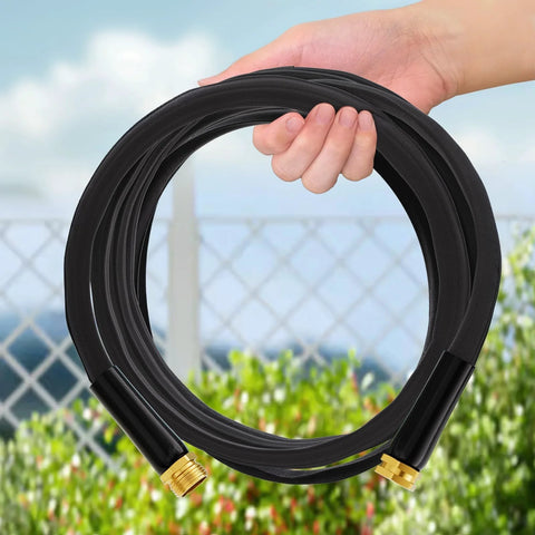 Haeteir 100ft non-expanding garden hose, black with brass fittings, coiled in hand