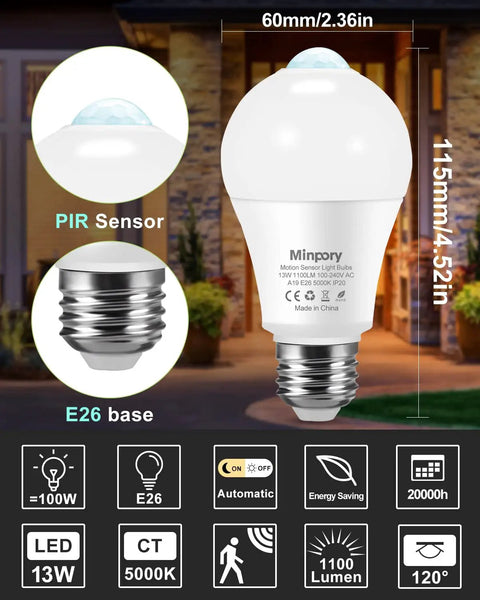 No Brainer Motion Sensor LED Bulbs 13W 100W Equivalent Auto Activated Dusk To Dawn Security Light Bulbs for indoor and outdoor use