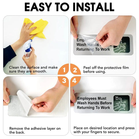 Employees Must Wash Hands Before Returning to Work Sign, 4 Pack, installation guide with self-adhesive steps.