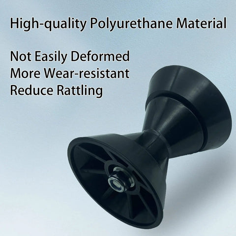 Straight Up Heavy Duty 4 Inch Black Boat Trailer Roller Assembly With Spoke Fits One Half Inch Shaft Tpu Polyurethane Bow Wheel front view.