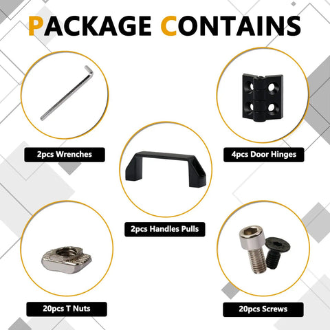 Package contents for Two Sets Door Handle And Frame Hinges Install Kit For 20x20 Aluminum Extrusion Profile Slot 6mm with handles, hinges, wrenches, screws.