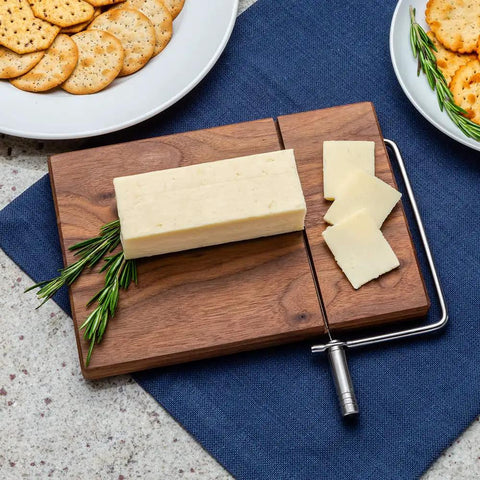 Cheese Slicer Kit Stainless Steel Finish No Fuss Arm Install And Wire Cutter For Smooth Slices In Minutes displayed with cheese on board