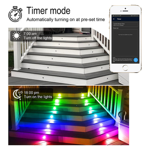 Recessed LED Deck Lights Kit With Cool RGB Color Changing And Dynamic Chasing Effects 30 Pack Outdoor WiFi Smart Step Lights in timer mode.