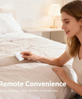 Woman using Wireless Remote Outlet Switch Kit With 656 Foot Range No Wiring Required Pre Programmed on bed with lamp in background