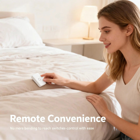 Woman using Wireless Remote Outlet Switch Kit With 656 Foot Range No Wiring Required Pre Programmed on bed with lamp in background