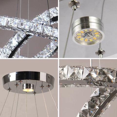 Modern Crystal Chandelier With Three Ring Pendant Lights LED Ceiling Fixture In Stainless Steel Non Dimmable Cool White 6500K details