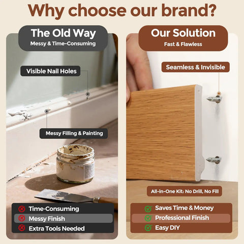 Comparison image showing benefits of using 300 Pcs Rust Resistant Baseboard Double Headed Nails For Skirting Crown Molding And Drywall.