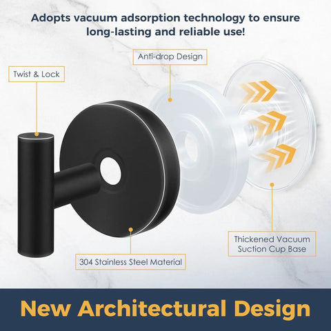 Heavy Duty Suction Hooks That Hold Firm On Glass Tile And Mirror Removable Shower Hangers With Rock Solid Vacuum Grip Easy Mount Metal Bathroom Towel Rack Four Pack Black, showcasing durable 304 stainless steel and vacuum suction design.