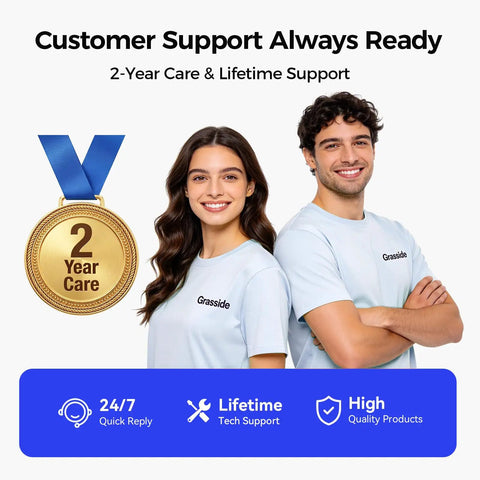 Customer support team promoting 2-Year Care & Lifetime Support with a medal and service symbols.