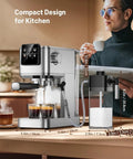 20 Bar Espresso Coffee Maker Delivering Smooth Barista Shots At Home With Fast Hot Cold Brew Options Built In Frother in a compact kitchen setup.