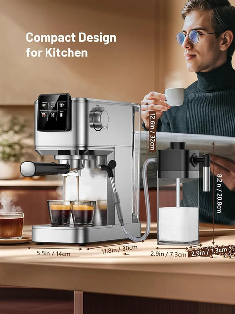 20 Bar Espresso Coffee Maker Delivering Smooth Barista Shots At Home With Fast Hot Cold Brew Options Built In Frother in a compact kitchen setup.