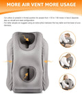 Inflatable Travel Neck Pillow With Eye Mask And Ear Plugs, Gray, shown with air vents and usage illustrations for comfort.