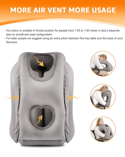 Inflatable Travel Neck Pillow With Eye Mask And Ear Plugs, Gray, shown with air vents and usage illustrations for comfort.