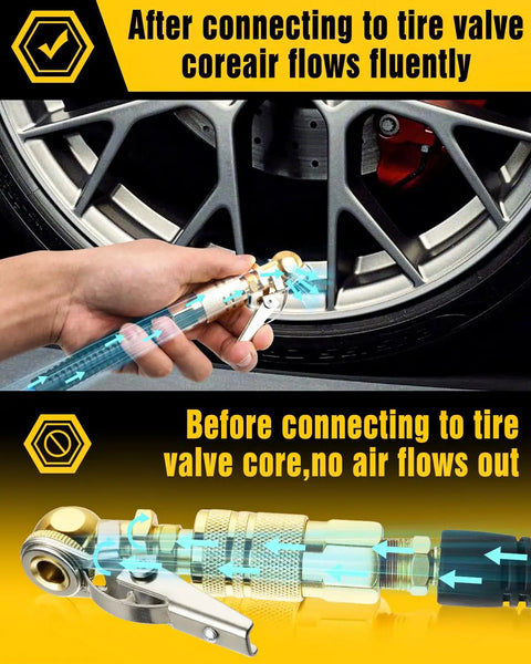 Illustration showing Heavy Duty Locking Air Chuck And Ball Tire Inflator Set Built From Brass And Built To Last in use