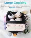 Mesh Shower Caddy Portable For Dorms And Travel With 9 Pocket Large Capacity, filled with toiletries and towels, top view