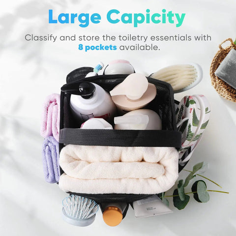 Mesh Shower Caddy Portable For Dorms And Travel With 9 Pocket Large Capacity, filled with toiletries and towels, top view