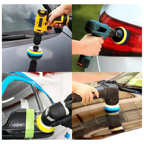 Go To Car Detailing Kit With Foam Polishing Pads And Wool Buffing Pads in use on car surfaces with drills and buffers
