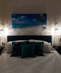 Cozy bedroom with Rattan Wall Lamp With Plug In Cord Hand Woven Lantern Shade Farmhouse Wood Holder Boho Wall Sconce