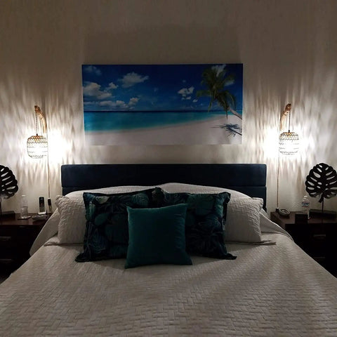 Cozy bedroom with Rattan Wall Lamp With Plug In Cord Hand Woven Lantern Shade Farmhouse Wood Holder Boho Wall Sconce