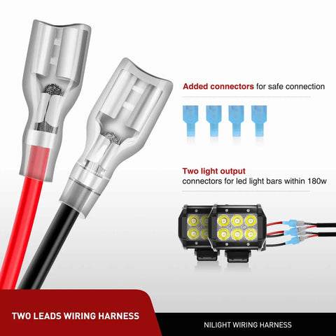 LED Light Bar Wiring Harness Kit For Seven Eighths Inch Handlebars With Push Button Switch, 12V On Off, 16 AWG Two Leads, Universal Fit For ATV UTV Snowmobile Motorcycle Driving Lights
