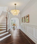 23 Inch 9 Light Gold Glass Chandelier 3 Tier Round Crystal Pendant Light Height Adjustable in foyer over staircase.