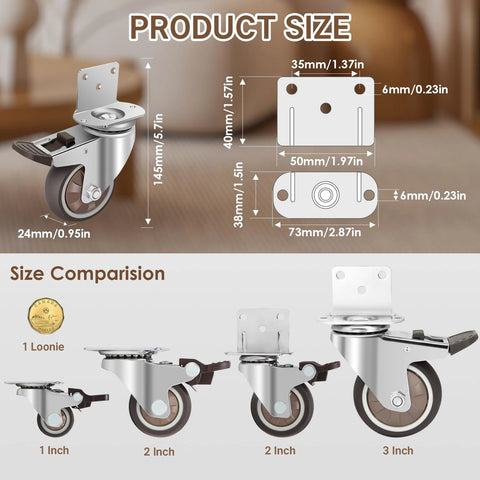 3-inch side-mount L-shaped caster wheels, 4-pack, 360° swivel with locking for heavy-duty furniture