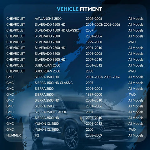 Vehicle fitment chart for Front Upper Control Arm Set With Ball Joints For Silverado Sierra 2500 3500 HD showing compatible models and years.