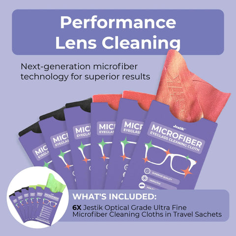 Front view of Jestik microfiber cleaning cloths in purple travel sachets, six-pack