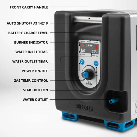 Close-up of Portable Propane Water Heater And Shower Pump with Built In Battery, showing LCD display and labeled features.