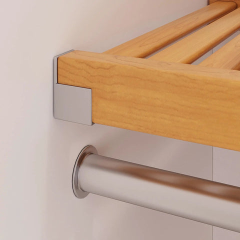 Close-up of Heavy Duty Solid Wood Closet Organizer System With Six Deep Drawers And Extended Hanging Rods Wall Mounted Honey Maple Finish.