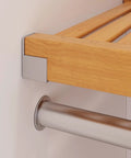 Top Tier Solid Wood Closet Organizer With Wall Mounted Walk In Closet Storage Rack Featuring Soft Close Drawers Vented Shelves Honey Maple Finish Satin Nickel Hardware close-up of wood shelf and metal rod detail.