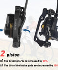 Beefy Hydraulic Front Brake Calipers for E-Bikes with 2 Pistons, close-up view of calipers and brake specifications text overlay.