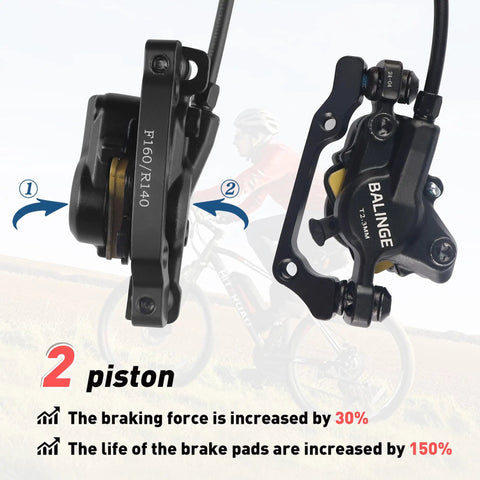 Beefy Hydraulic Front Brake Calipers for E-Bikes with 2 Pistons, close-up view of calipers and brake specifications text overlay.
