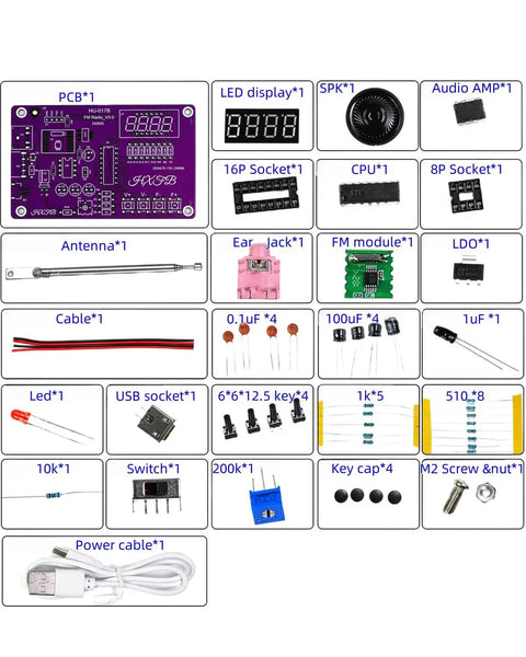 FM Radio Kit For Beginners With Soldering Practice And Electronics Learning Project Including PCB Components Speaker And Case Build A Real Radio From Scratch And Learn Basic Circuit Design Hands On STEM Education showing PCB, resistors, and parts.