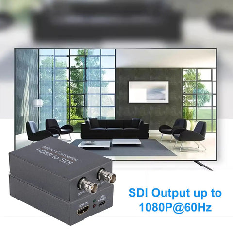 Dont Sweat The Cable Crunch With This HDMI To SDI Converter featuring dual SDI outputs and USB power in a living room setting.