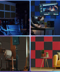Home studio with 50 Pack Dope Acoustic Foam Panels For Studio Walls, Soundproof, 12x12 inches, black, arranged for sound absorption.