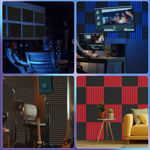 Home studio with 50 Pack Dope Acoustic Foam Panels For Studio Walls, Soundproof, 12x12 inches, black, arranged for sound absorption.