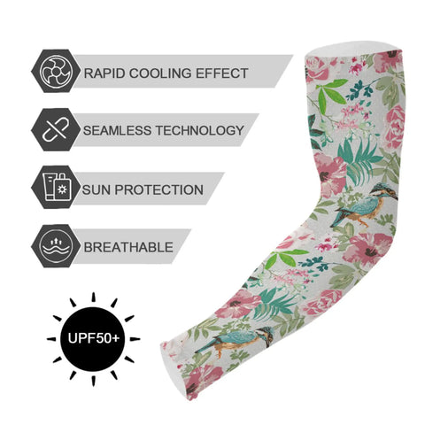 Cooling Garden Arm Sleeves With Thumb Hole, Sun Protection, Breathable Nylon, Floral Pink Hummingbird Design For Yard Work