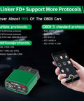 VLinker FD Plus OBD2 Bluetooth Diagnostic Scanner next to smartphone showing protocols for car compatibility.