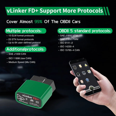 VLinker FD Plus OBD2 Bluetooth Diagnostic Scanner next to smartphone showing protocols for car compatibility.