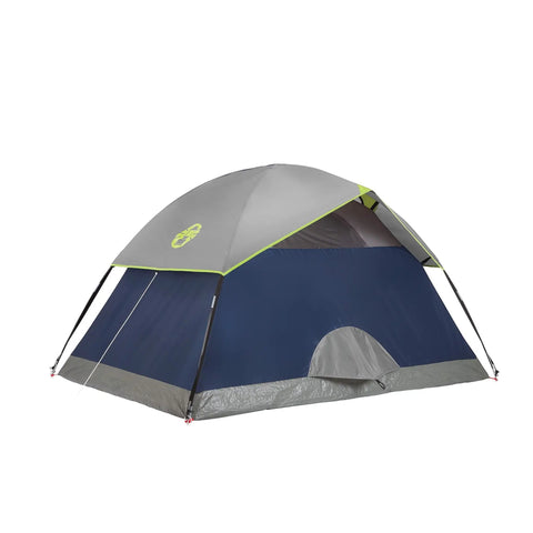 Sundome Camping Tent With Rainfly For Two To Six People, Easy Ten Minute Setup, Weatherproof Shelter, blue and gray tent view.