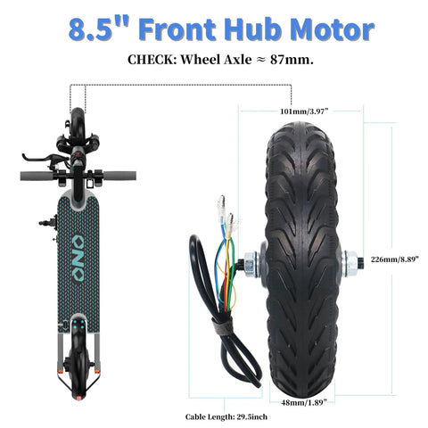 Top view of 8.5 Inch Front Electric Scooter Motor 36V 350W with peak 464W power for 8.5 inch wheel escooters and cable details