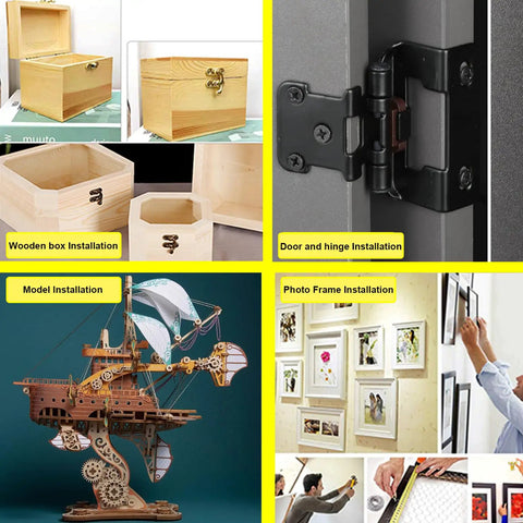 Collage of wooden box, door hinge, model ship, and photo frame installations showing various DIY project setups.