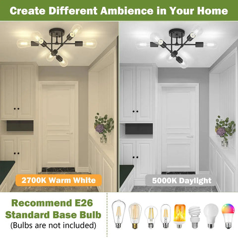 Side-by-side comparison of 2 Light Black Vanity Light Fixture Over Mirror With Clear Glass Shades Go-To Modern Wall Sconce Lighting For Bathroom Bedroom Living Room Hallway E26 Base Bulbs Not Included using different bulb temperatures, 2700K Warm White and 5000K Daylight.