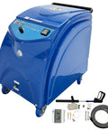Industrial Steam Cleaner Drops Smokin Hot High Pressure Steam For Auto Shop Degreasing And Fleet Maintenance With Instant Heating and Kickin 13 Bar Force; blue exterior with control panel and rolling wheels.