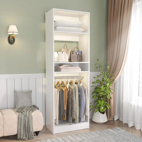 Freestanding Closet System With Adjustable Hanging Rods And Super Sturdy Steel Frame Built For No Sweat Setup And Roomy Multi Purpose Wardrobe Shoe Storage Tower featuring white shelving and clothing display.