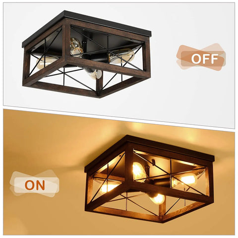 4-Light Farmhouse Flush Mount Ceiling Light With Black Rustic Finish, Wood Accents, E26 Base, Industrial Vintage Ceiling Fixture For Hallway, Entryway, Laundry, Kitchen And Bedroom Perfect For Hallways, Foyers And Other Living Areas For A Retro Vibe