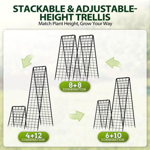 Stackable combinations of Heavy Duty 2 Pack Adjustable A Frame Trellis For Climbing Plants Outdoor Tough As Nails Rust Proof Metal