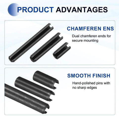 Slotted Split Roll Pins Pack Of 120, 3 Mm Diameter By 35 Mm Length, 65Mn Steel Heavy Duty Expansion Dowels For Quick, Secure Fastening In Machinery, Auto, Marine And Home Projects, Black Finish, showing dual chamfered ends and smooth surface.